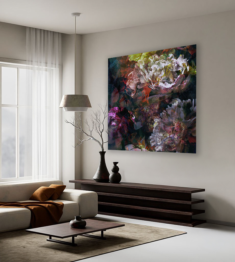 marjorie roy art oeuvre pivoine sur métal brossé